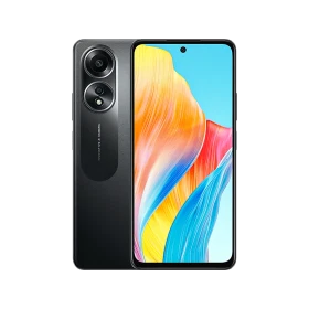 Oppo A58 siyah akıllı telefon, ön ekran ve arka çift kamera tasarımıyla vitrin görünümü