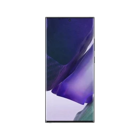 Samsung Galaxy Note 20 Ultra siyah akıllı telefonun ön yüzü, geniş ekran ve ince çerçeve tasarımı