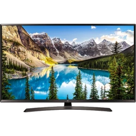 LG 43UJ635V Ultra HD 4K LED televizyon, genel renk; dağ manzaralı ekran görüntüsü vitrinde.