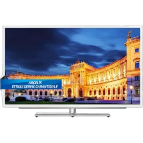 Grundig 50-LB-9336 Full HD FHD LED televizyon, gümüş renkli ince çerçeveli tasarım ve şehir manzarasıyla kapalı ekran