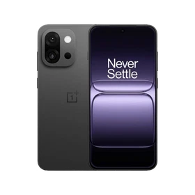 Siyah OnePlus 13s akıllı telefon, ön ekranı ve çift arka kameralı arka yüzeyiyle vitrin görünümü