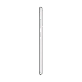 Beyaz Samsung Galaxy S20 FE akıllı telefonun yan profili, ince gövde ve yan tuş detaylarıyla