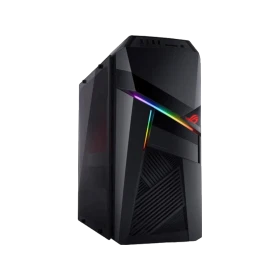 Asus GL12CM-TR002D siyah masaüstü bilgisayar, RGB aydınlatmalı ROG kasasıyla önden görünüm