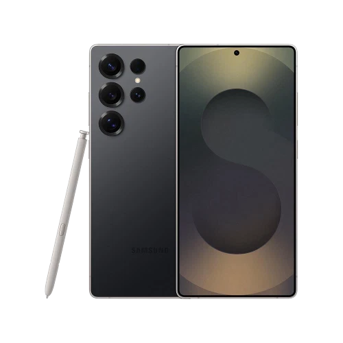 Samsung Galaxy S25 Ultra akıllı telefon, Titanyum Siyah renk; ön ekran ve arka kamera dizilimi, S Pen ile birlikte