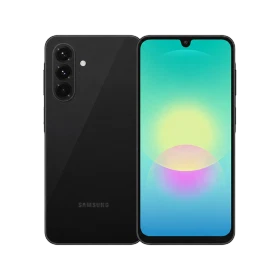 Siyah Samsung Galaxy A18 telefonun ön ve arka yüzünü gösteren ürün sunumu