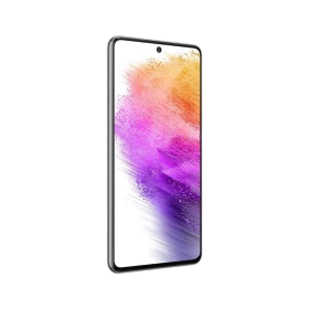 Samsung Galaxy A73 siyah akıllı telefon, ince çerçeveli ekran ve ön kamera deliğiyle önden görünüm