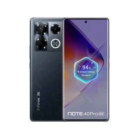 Siyah Infinix Note 40 Pro 5G akıllı telefon, ön ekran ve arka kamera modülüyle vitrin görünümü