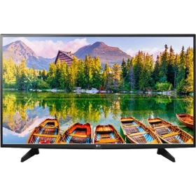 LG 32LH570U HD Ready LED televizyon, doğa manzaralı ekrana sahip modern siyah TV vitrini