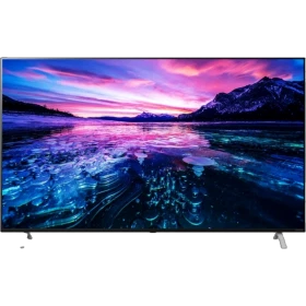 LG 75US760H0ZD Ultra HD 4K LED televizyon; canlı manzara ekranı ile önden görünüm, genel siyah tasarım