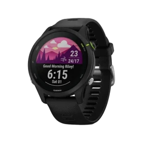 Garmin Forerunner 255 Music siyah akıllı saat, renkli ekranı ve sportif silikon kordonuyla önden görünüm