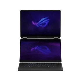 Asus ROG Zephyrus Duo 16 GX651AX-SR004W siyah oyuncu laptop ekranı açık, RGB ışıklı ekran görünümüyle