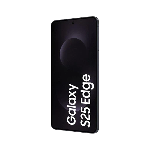 Siyah Samsung Galaxy S25 Edge akıllı telefon, ince çerçeveli ekran ve ortada ön kamera deliğiyle önden görünüm