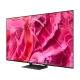 Samsung 77S90C Ultra HD 4K OLED televizyon, pembe soyut arka plan ekranıyla siyah TV görünümü