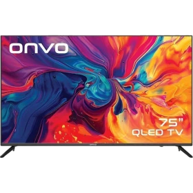 Onvo 75VQ90F2UA Ultra HD 4K LED televizyonun renkli ekran ve ince çerçeveli önden görünümü