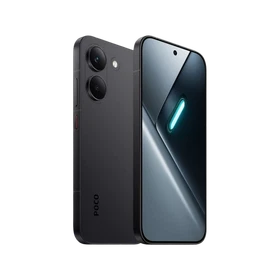 Siyah Poco X8 Pro akıllı telefon, ön ekranı ve çift arka kameralı ince tasarımıyla açıdan görünüm