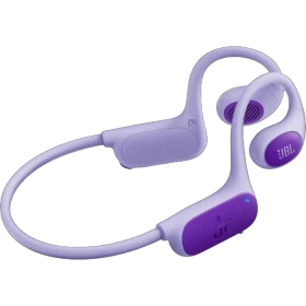 JBL Junior Free Kablosuz mor kulaklık, boyun askılı tasarımı ve kulaklık üniteleriyle önden görünüm