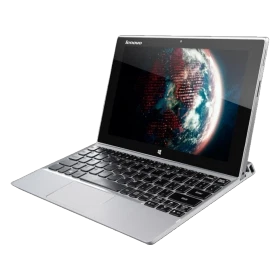 Lenovo Miix 2 10 inç gümüş tablet, klavye takılı iş ve ofis kullanımına uygun açıdan gösterim.