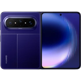 Mavi Huawei Pura X Max akıllı telefon, açık katlanmış tasarımda ön ekranı ve arka kamera modülüyle
