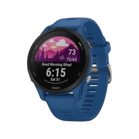 Garmin Forerunner 255 mavi akıllı saat, renkli ekranı ve silikon kayışıyla önden görünüm