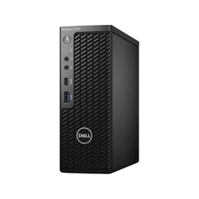 Dell Precision 3240T.00 siyah masaüstü bilgisayar, önden ve sağ yandan görünen kompakt kasa