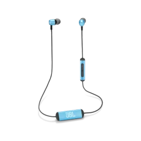 JBL Duet Mini Kablosuz mavi kulaklık, boyun askısı ve kablo üzeri kontrol ünitesiyle görünüyor