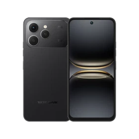 Tecno Spark 40 siyah akıllı telefon, ön ekran ve arka kamera tasarımını gösteren vitrin çekimi