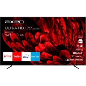 Axen AX75LEDB252 Ultra HD 4K LED televizyon, siyah çerçeveli 75 inç ekran ve kırmızı çiçek deseni
