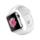 Apple Watch 38 mm paslanmaz çelik kasalı, beyaz spor kordonlu akıllı saat; ekranda pembe çiçek görüntüsü.
