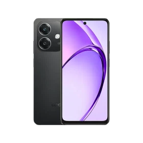 Oppo A3 siyah akıllı telefon, önden ekran ve arkadan çift kamera tasarımıyla vitrin görünümü