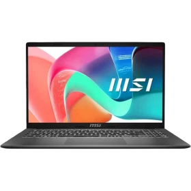 MSI Modern 15 F13MG-631XTR003 koyu gri iş ve ofis laptopu; renkli ekran tasarımı önden görünümde.