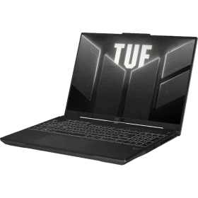 Asus TUF Gaming F16 FX607VU-RL017 oyuncu laptop, koyu gri tasarımlı, klavye görünümü ve ekran ışığı.