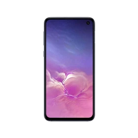 Samsung Galaxy S10e siyah akıllı telefonun önden görünümü, tam ekran tasarım ve delikli ön kamera detaylı vitrin çekimi