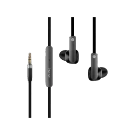 Huawei Honor AM175 Kablolu siyah kulaklık, kumanda ve 3,5 mm jakıyla birlikte sergileniyor.