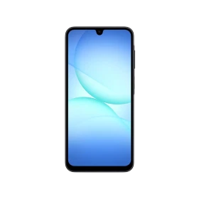 Samsung Galaxy A17 siyah akıllı telefon, önden görünüm, geniş ekran ve damla çentikli tasarım