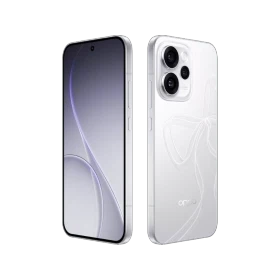 Oppo Reno 15 Mini beyaz akıllı telefon, ön ekran ve üçlü arka kamera tasarımıyla yan yana görünüm