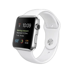 Apple Watch 42 mm paslanmaz çelik kasalı, beyaz spor kordonlu akıllı saat, ekranı açık şekilde görünür.