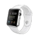 Apple Watch 42 mm paslanmaz çelik kasalı, beyaz spor kordonlu akıllı saat, ekranı açık şekilde görünür.