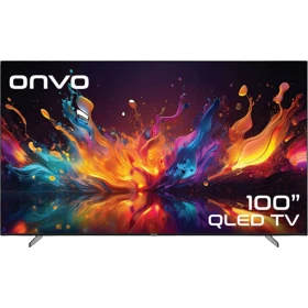 Onvo 100OVF9001UQ Ultra HD 4K LED televizyonun önden görünümü, renkli ekran ve ince çerçeve