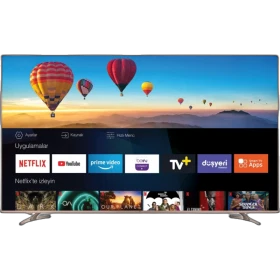 Beko B75 A 870 G Ultra HD 4K TV, siyah çerçeveli ekranında balon manzarası ve akıllı uygulamalar gösteriliyor