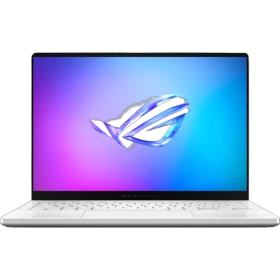 Asus ROG Zephyrus G14 GA403GM-SY117 gümüş ultrabook laptop; RGB arka planlı ekran açık ön görünüm