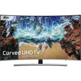 Samsung 55NU8500 55 inç Ultra HD 4K LED TV, kavisli ekran ve dünya manzaralı canlı görüntü.