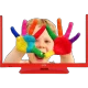 Vestel 22F8510K Full HD FHD kırmızı LED televizyon, ekranda renkli el baskıları yapan çocukla gösteriliyor