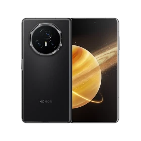 Honor Magic V3 siyah akıllı telefon, arka kamera modülü ve ön ekran tasarımıyla vitrin görünümü