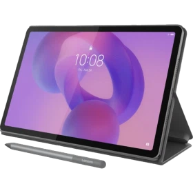 Lenovo Idea Tab TB336FU gri öğrenci tableti; kalem ve kılıf setiyle kullanım için açılı destek görünümü