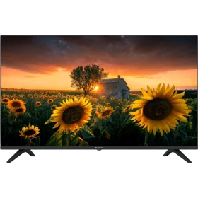 Sunny SN43LEDH6886 Ultra HD 4K televizyon, ayaklı siyah tasarım ve ayçiçeği manzaralı ekranıyla önden görünüm