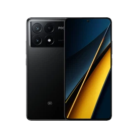 Siyah Poco X6 Pro akıllı telefon, ön ekranı ve büyük çoklu arka kamera modülüyle önden ve arkadan görünüm