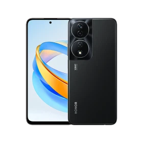Honor X7B 5G siyah akıllı telefon, ön ekran ve arka çift kamera modülüyle vitrin görünümü
