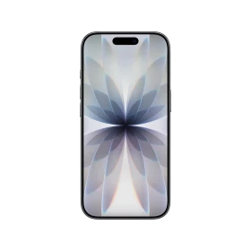 Apple iPhone 17 siyah akıllı telefon, önden görünüm; ince çerçeve ve çiçek desenli ekran tasarımı