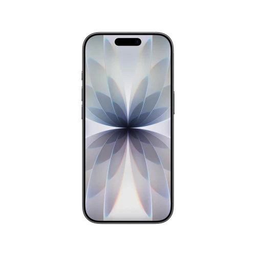 Apple iPhone 17 siyah akıllı telefon, önden görünüm; ince çerçeve ve çiçek desenli ekran tasarımı