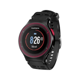 Garmin Forerunner 225 siyah aktivite saati, renkli ekranı ve silikon kayışıyla önden çapraz görünüm